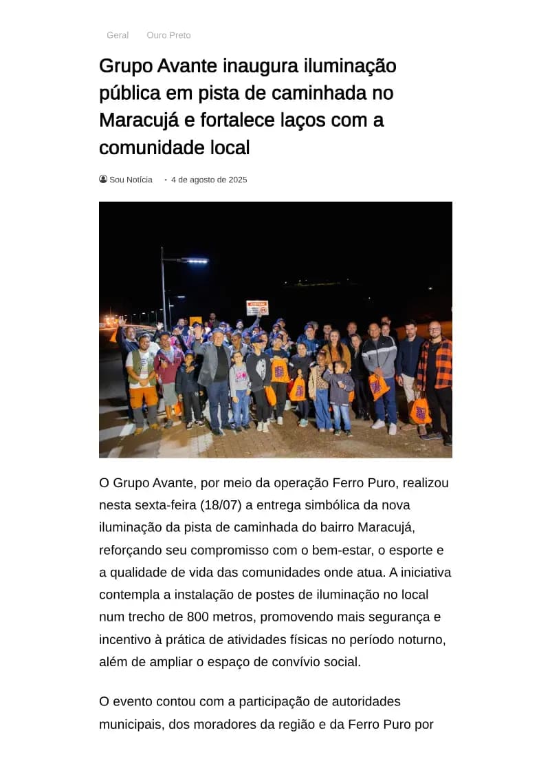 Grupo Avante inaugura iluminação pública em pista de caminhada no Maracujá e fortalece laços com a comunidade local