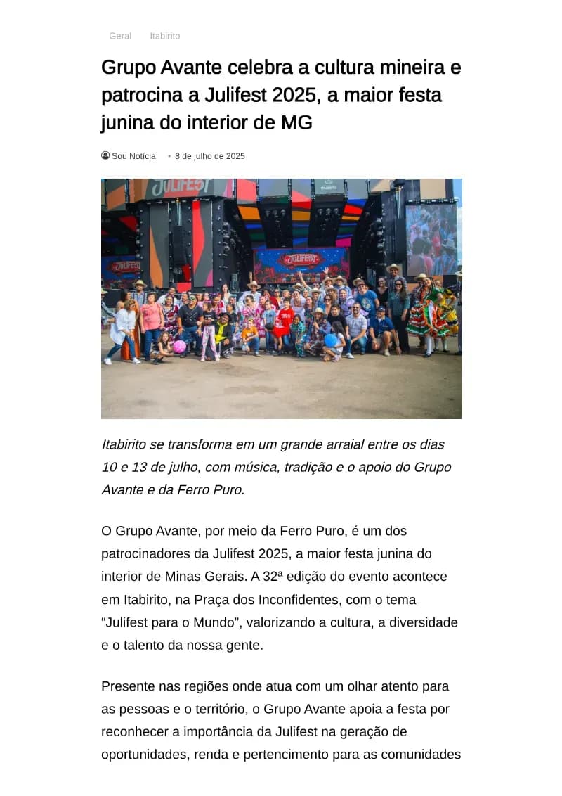Grupo Avante celebra a cultura mineira e patrocina a Julifest 2025, a maior festa junina do interior de MG