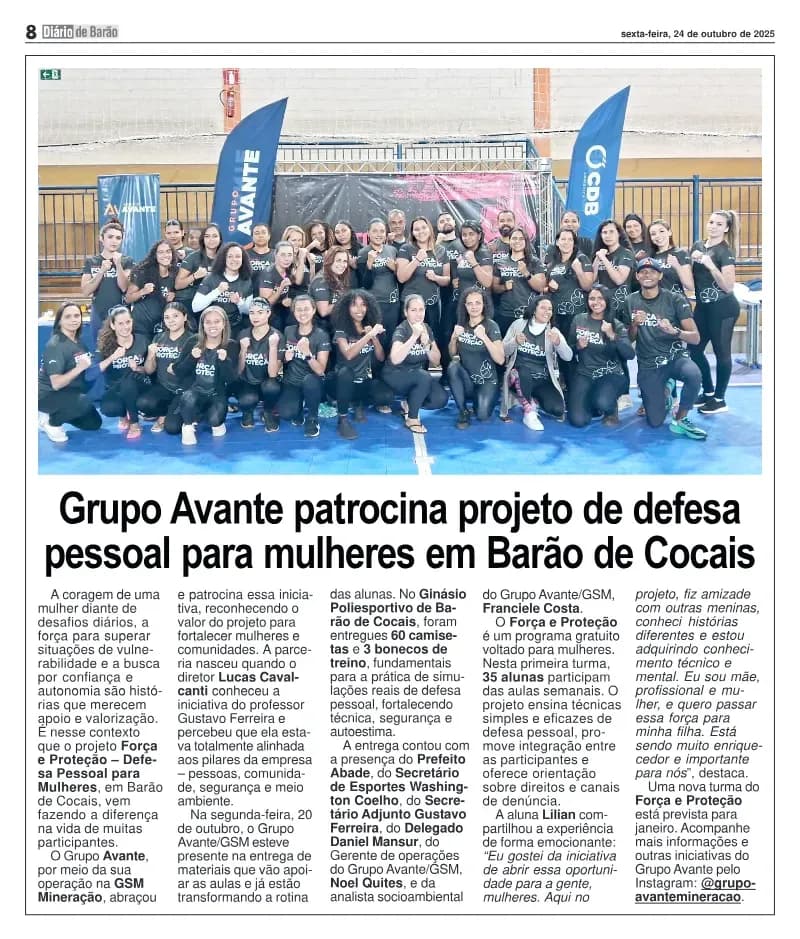 Grupo Avante patrocina projeto de defesa pessoal para mulheres em Barão de Cocais