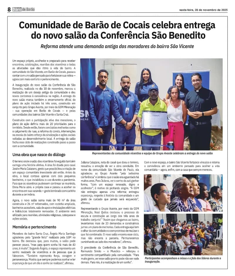Comunidade de Barão de Cocais celebra entrega do novo salão da Conferência São Benedito