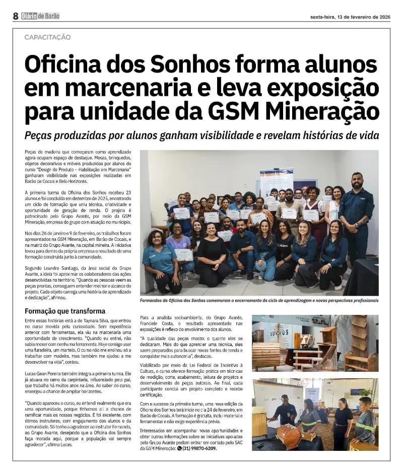 Oficina dos Sonhos forma alunos em marcenaria e leva exposição para unidade da GSM Mineração